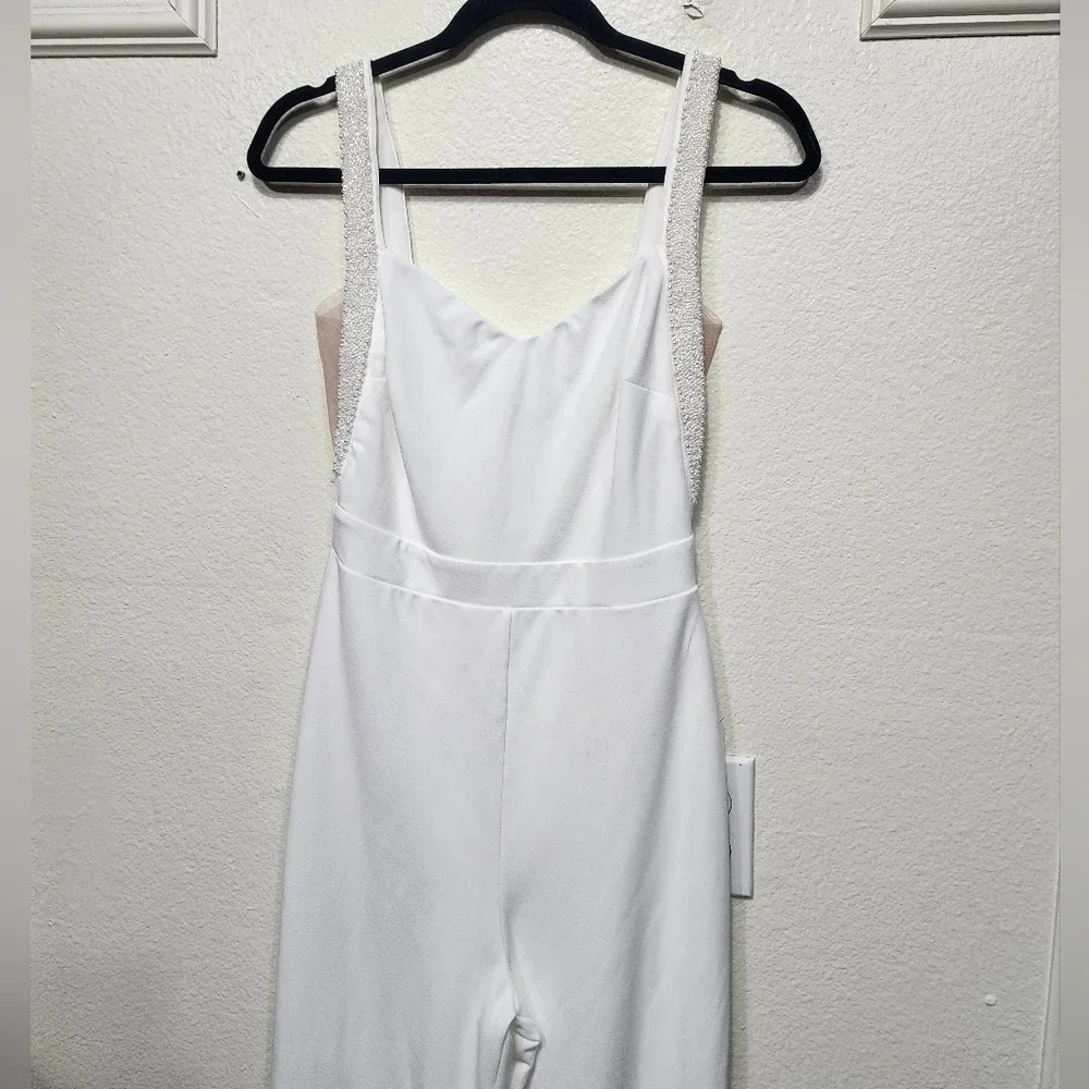 Lulu's Love Aglow White Pearl Beaded Sleeveless Straight Leg Jumpsuit S Wedding - Picture 7 of 12